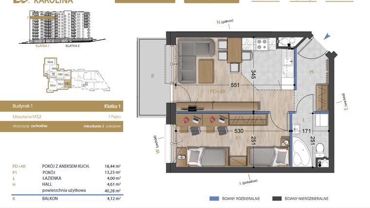Rzut - Mieszkanie na sprzedaż 2 pokoje o powierzchni 40,28 m² - numer 52 w Osiedle Dakar Karolina