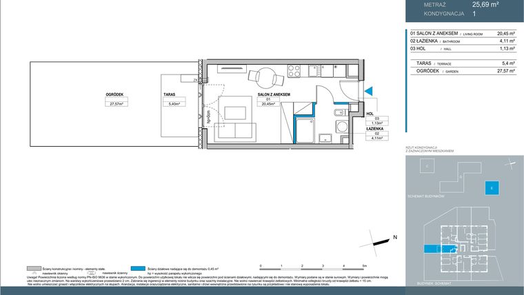 Rzut - Mieszkanie na sprzedaż 1 pokój o powierzchni 25,69 m² - numer E.1.04 w Nordic Bemowo - etap IV