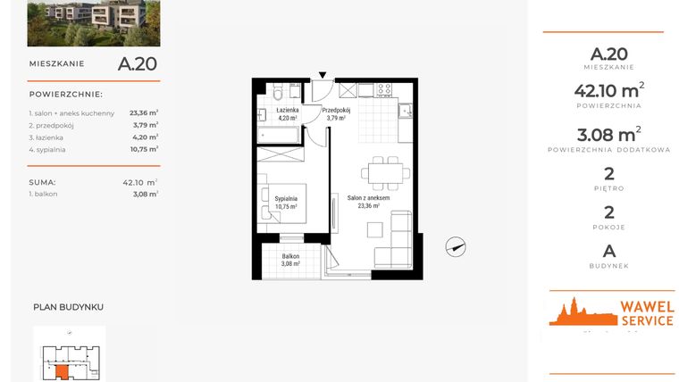 Rzut - Mieszkanie na sprzedaż 2 pokoje o powierzchni 42,1 m² - numer A.20 w Nowa Namiarkowa