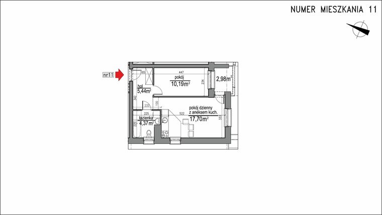 Rzut - Mieszkanie na sprzedaż 2 pokoje o powierzchni 37,7 m² - numer 3m.11 w Osiedle Rytm etap 2