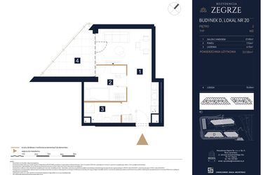 Rzut - Mieszkanie na sprzedaż 1 pokój o powierzchni 33,58 m² - numer D20 w Rezydencja Zegrze etap III