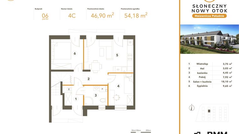 Rzut - Mieszkanie na sprzedaż 3 pokoje o powierzchni 46,9 m² - numer 4C w Słoneczny Nowy Otok - Malownicza Południe etap II