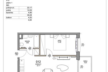 Rzut - Mieszkanie na sprzedaż 2 pokoje o powierzchni 38,28 m² - numer 12 w Rezydencja Liwska 3