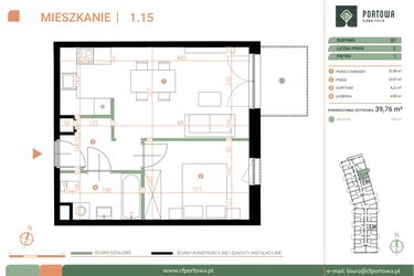 Rzut - Mieszkanie na sprzedaż 2 pokoje o powierzchni 39,76 m² - numer M.01.15 w Casa Feliz Portowa II