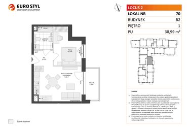 Rzut - Mieszkanie na sprzedaż 2 pokoje o powierzchni 38,99 m² - numer 70 w Locus 2 bud. B2