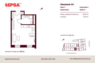Rzut - Mieszkanie na sprzedaż 1 pokój o powierzchni 29,8 m² - numer M101 w Tepsa Kato