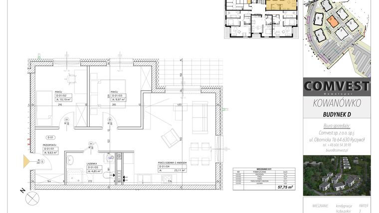 Rzut - Mieszkanie na sprzedaż 3 pokoje o powierzchni 57,75 m² - numer D1 w Kowanówko