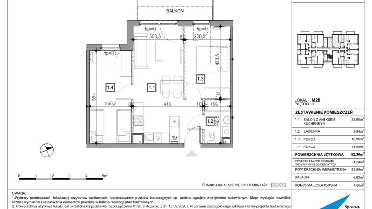 Rzut - Mieszkanie na sprzedaż 3 pokoje o powierzchni 52,48 m² - numer 28 w Nowy Zakroczym