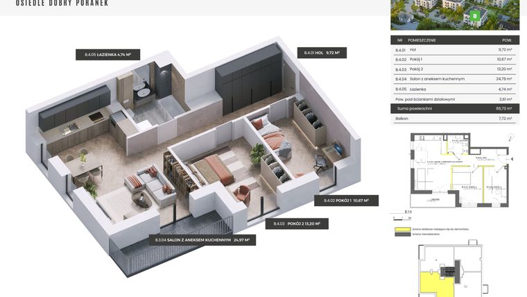 Rzut - Mieszkanie na sprzedaż 3 pokoje o powierzchni 65,73 m² - numer B.1.4 w Dobry Poranek