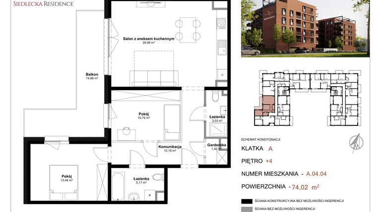 Rzut - Mieszkanie na sprzedaż 3 pokoje o powierzchni 72,02 m² - numer A-04-04 w Siedlecka Residence