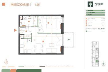 Rzut - Mieszkanie na sprzedaż 2 pokoje o powierzchni 39,7 m² - numer M.01.01 w Casa Feliz Portowa