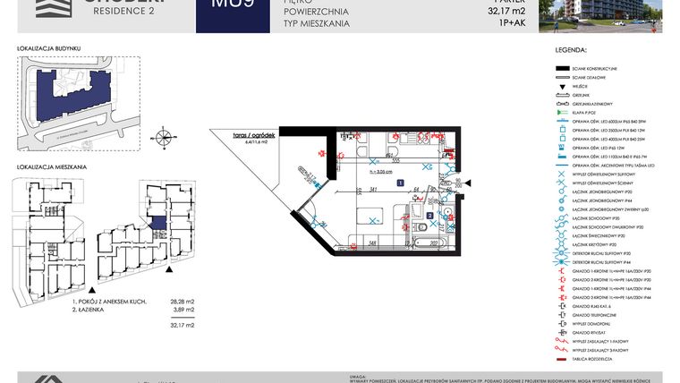 Rzut - Mieszkanie na sprzedaż 1 pokój o powierzchni 32,17 m² - numer MU9 w Chodźki Residence 2 - apartamenty inwestycyjne
