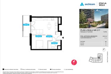 Rzut - Mieszkanie na sprzedaż 1 pokój o powierzchni 44,22 m² - numer B3.217 w Stacja Wola - Etap III