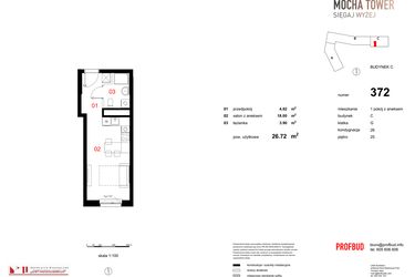 Rzut - Mieszkanie na sprzedaż 1 pokój o powierzchni 26,72 m² - numer 372 w Osiedle Mocha Tower