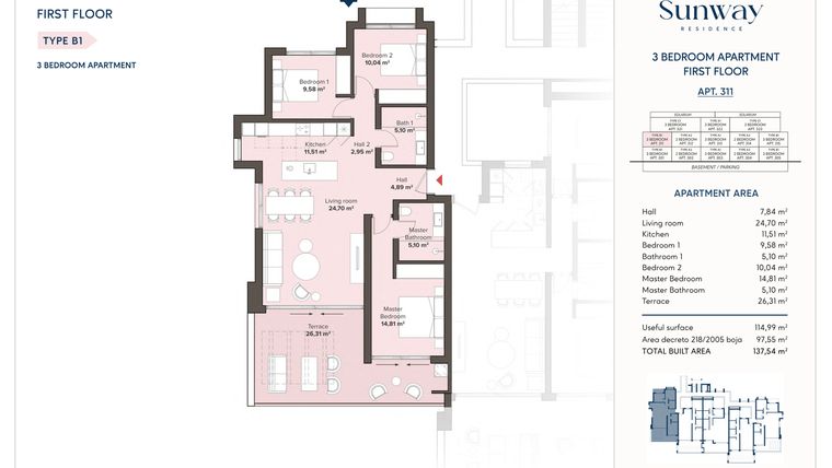 Rzut - Mieszkanie na sprzedaż 3 pokoje o powierzchni 115 m² - numer 311 w Sunway