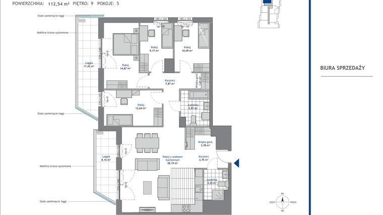 Rzut - Mieszkanie na sprzedaż 5 pokoi o powierzchni 112,54 m² - numer 9.8 w SEAHall