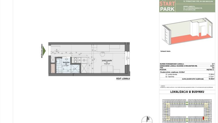 Rzut - Mieszkanie na sprzedaż 1 pokój o powierzchni 18,58 m² - numer 2.7 w START PARK