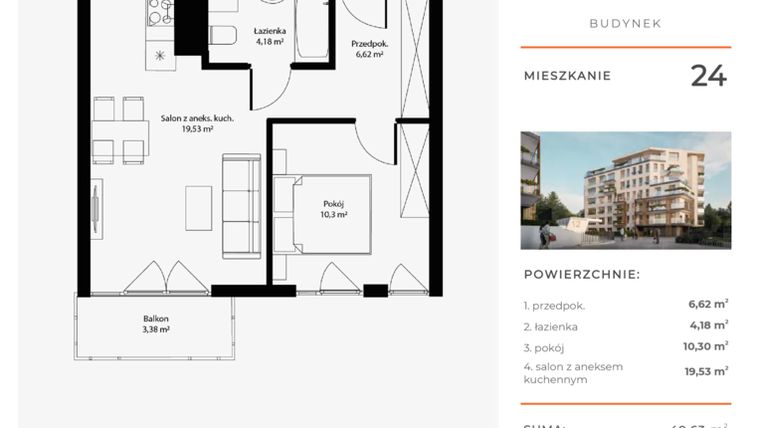 Rzut - Mieszkanie na sprzedaż 2 pokoje o powierzchni 40,63 m² - numer 24 w Bytkowska 4.0