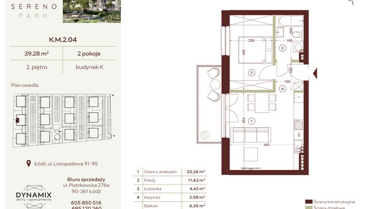 Rzut - Mieszkanie na sprzedaż 2 pokoje o powierzchni 39,28 m² - numer K.M.2.04 w Sereno Park
