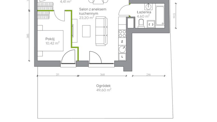 Rzut - Mieszkanie na sprzedaż 2 pokoje o powierzchni 42,63 m² - numer B.0.3 w Jesionowa Vita