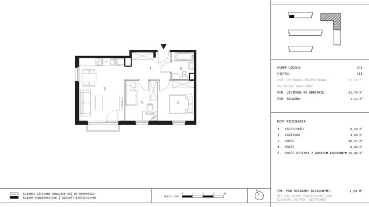 Rzut - Mieszkanie na sprzedaż 3 pokoje o powierzchni 51,78 m² - numer A2.3 w Wynalazek 3A