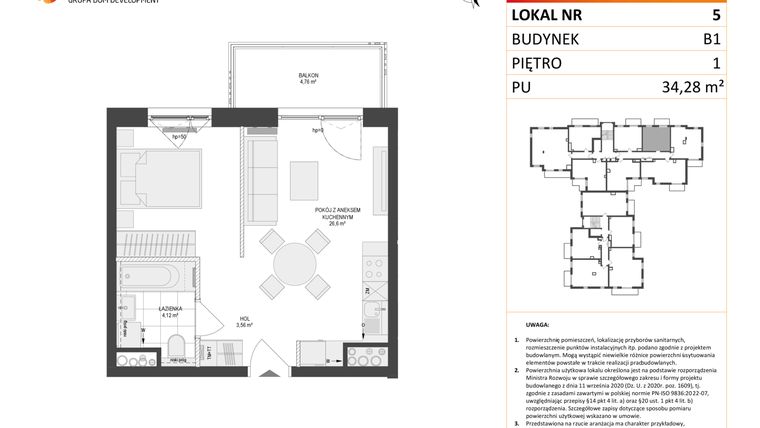 Rzut - Mieszkanie na sprzedaż 1 pokój o powierzchni 34,28 m² - numer 5 w Locus 2