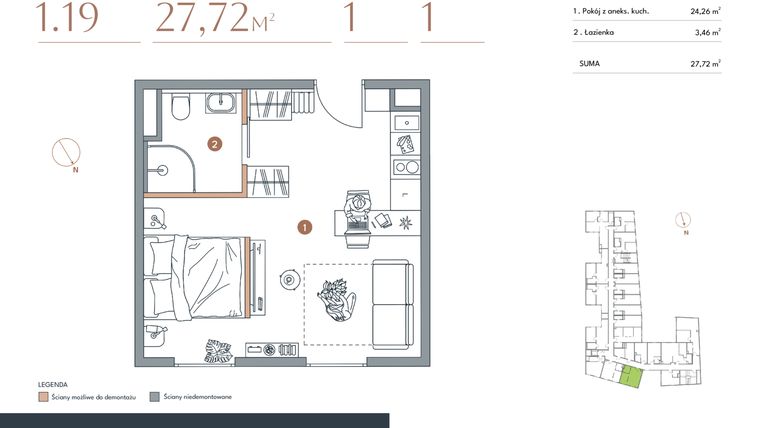 Rzut - Mieszkanie na sprzedaż 1 pokój o powierzchni 27,72 m² - numer 1.19 w Starowiejska 3