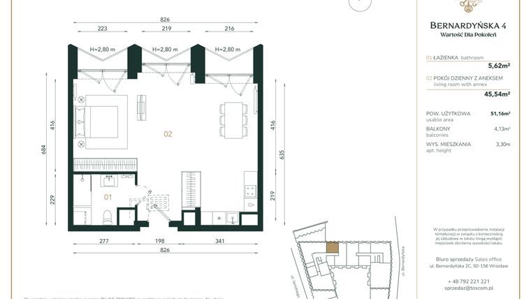 Rzut - Mieszkanie na sprzedaż 1 pokój o powierzchni 51,16 m² - numer A/5/07 w Bernardyńska 4