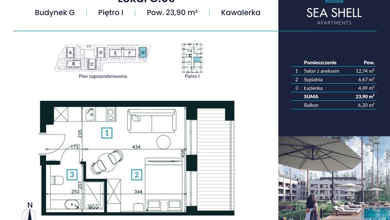 Rzut - Mieszkanie na sprzedaż 1 pokój o powierzchni 23,9 m² - numer G.09 w Magiczny Łukęcin