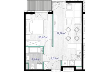 Rzut - Mieszkanie na sprzedaż 2 pokoje o powierzchni 40,67 m² - numer A.03.09 w Do Wilgi