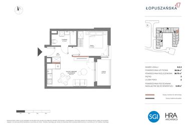 Rzut - Mieszkanie na sprzedaż 2 pokoje o powierzchni 38,75 m² - numer G.2.3 w Łopuszańska 47 - etap 2