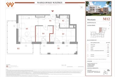 Rzut - Mieszkanie na sprzedaż 3 pokoje o powierzchni 43,6 m² - numer M12 w Warszawskie Wzgórze