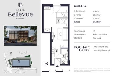 Rzut - Mieszkanie na sprzedaż 1 pokój o powierzchni 34,44 m² - numer 7 w Hotel Bellevue