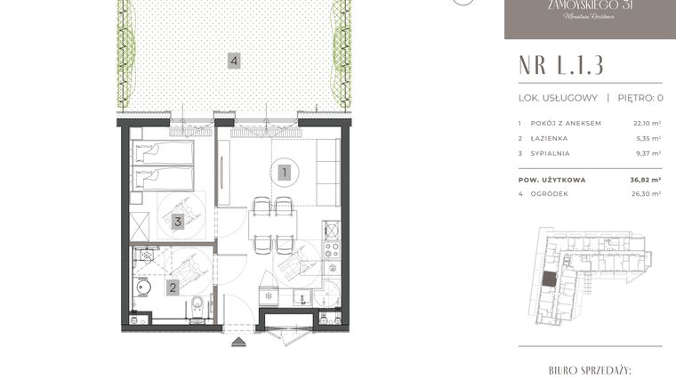 Rzut - Mieszkanie na sprzedaż 2 pokoje o powierzchni 36,82 m² - numer L.1.3 w Zamoyskiego 31