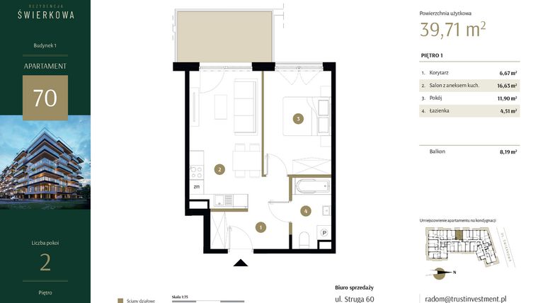 Rzut - Mieszkanie na sprzedaż 2 pokoje o powierzchni 39,71 m² - numer 70 w Rezydencja Świerkowa