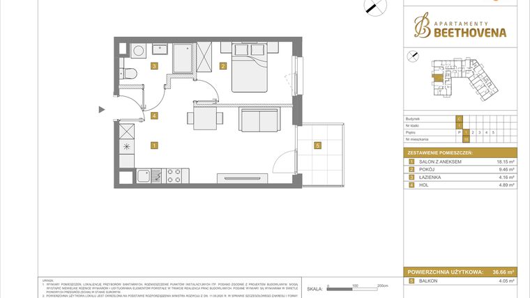 Rzut - Mieszkanie na sprzedaż 2 pokoje o powierzchni 36,66 m² - numer C10 w Apartamenty Beethovena etap 2