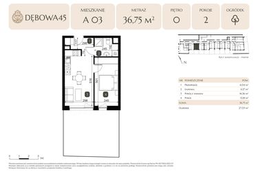 Rzut - Mieszkanie na sprzedaż 2 pokoje o powierzchni 36,75 m² - numer A.03 w Dębowa 45