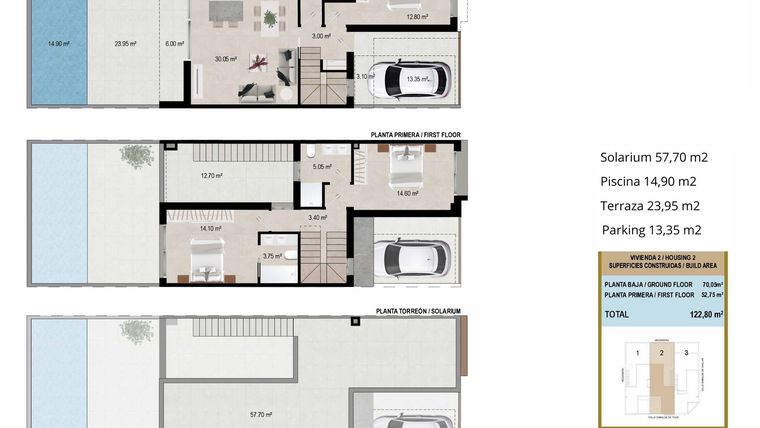 Rzut - Dom na sprzedaż 3 pokoje o powierzchni 122,8 m² - numer 2 w Domy szeregowe w San Javier - 36609957