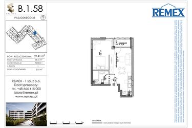 Rzut - Mieszkanie na sprzedaż 1 pokój o powierzchni 39,41 m² - numer B.1.58 w Osiedle BALTICA