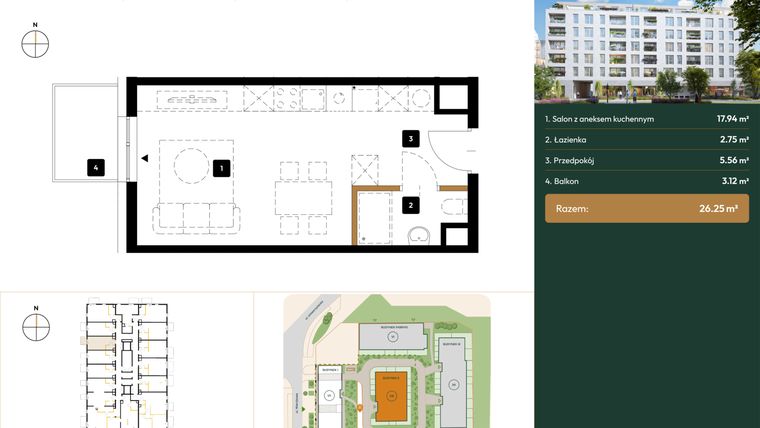 Rzut - Mieszkanie na sprzedaż 1 pokój o powierzchni 26,25 m² - numer 2.M1.07 w Wierzbowa 20