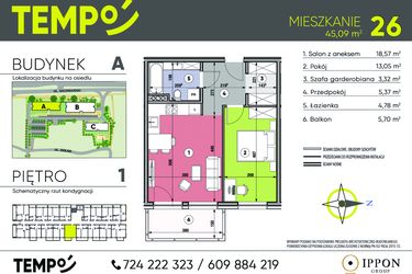 Rzut - Mieszkanie na sprzedaż 2 pokoje o powierzchni 45,09 m² - numer A26 w Osiedle TEMPO