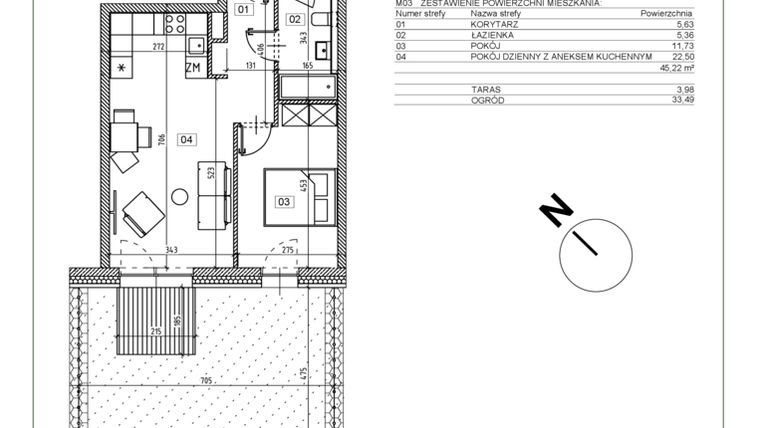 Rzut - Mieszkanie na sprzedaż 2 pokoje o powierzchni 45,22 m² - numer J.M03 w Osiedle Glivia Zachodnia