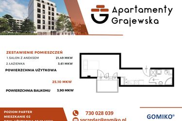 Rzut - Mieszkanie na sprzedaż 1 pokój o powierzchni 25,5 m² - numer M-2 w Apartamenty Grajewska