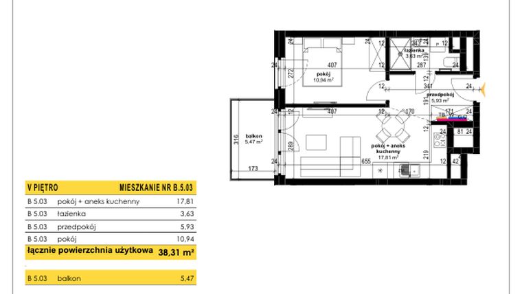 Rzut - Mieszkanie na sprzedaż 2 pokoje o powierzchni 38,31 m² - numer B 5.03 w Park Moniuszki II C