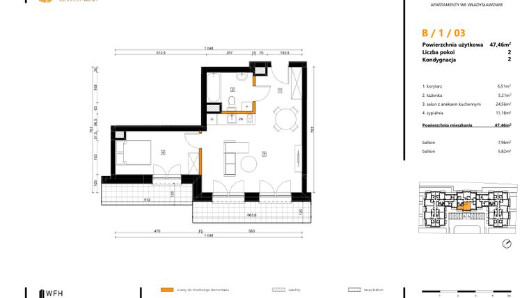 Rzut - Mieszkanie na sprzedaż 2 pokoje o powierzchni 47,46 m² - numer B.1.03 w SPOT