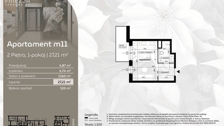 Rzut - Mieszkanie na sprzedaż 1 pokój o powierzchni 27,21 m² - numer M11 w Finezja Targowa 49