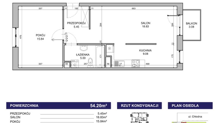 Rzut - Mieszkanie na sprzedaż 2 pokoje o powierzchni 54,2 m² - numer 23 w Chłodna