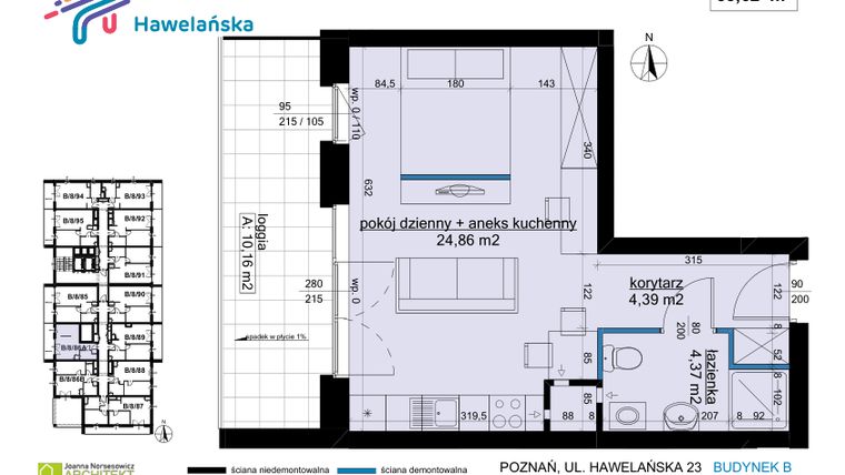 Rzut - Mieszkanie na sprzedaż 1 pokój o powierzchni 33,62 m² - numer B/8/86A w Osiedle Hawelańska etap III - bud. B