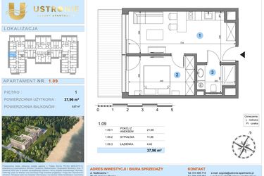 Rzut - Mieszkanie na sprzedaż 1 pokój o powierzchni 37,95 m² - numer 1.9 w Ustronie Luxury Apartments