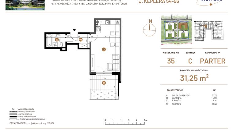Rzut - Mieszkanie na sprzedaż 1 pokój o powierzchni 31,25 m² - numer JAR-III-C-LM-M35 w Osiedle JAR Heweliusza etap III